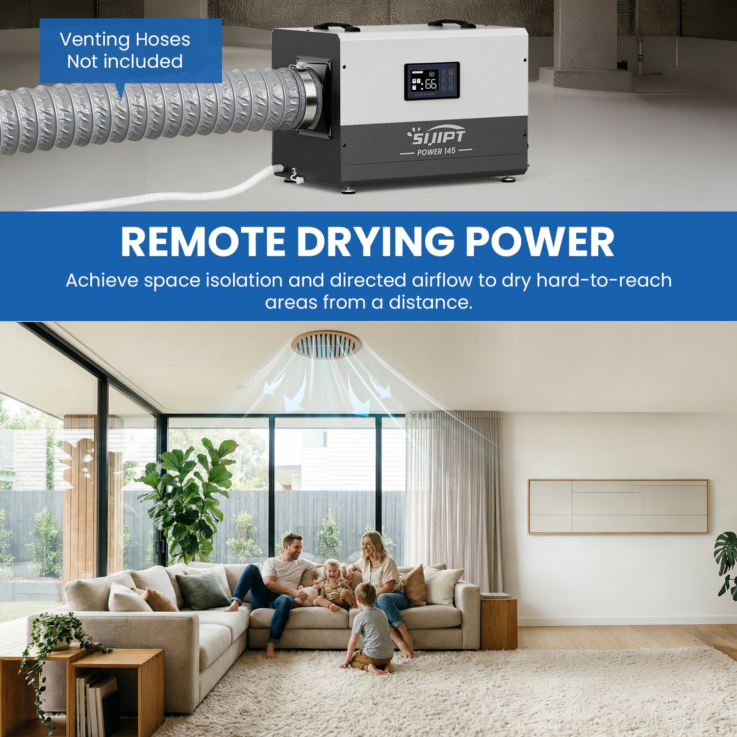Sijipt 145-pint
commercial dehumidifier with pump and swivel caster front view