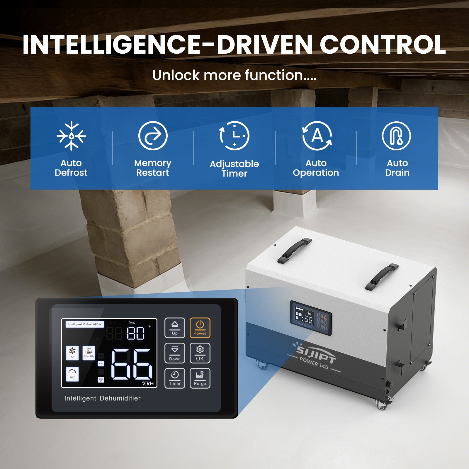Sijipt 145-pint
commercial dehumidifier with pump and swivel caster front view