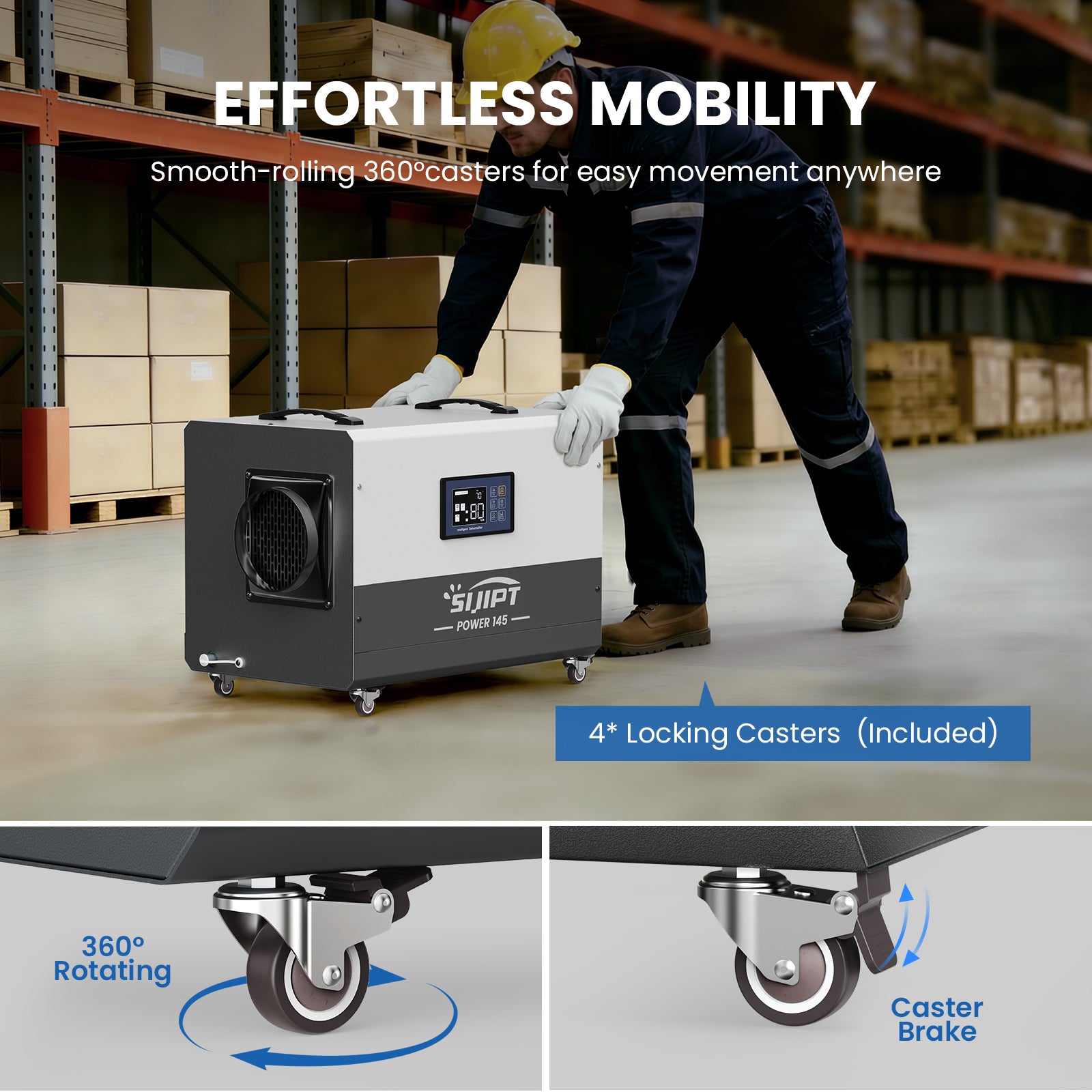 Sijipt 145-pint
commercial dehumidifier with pump and swivel caster front view