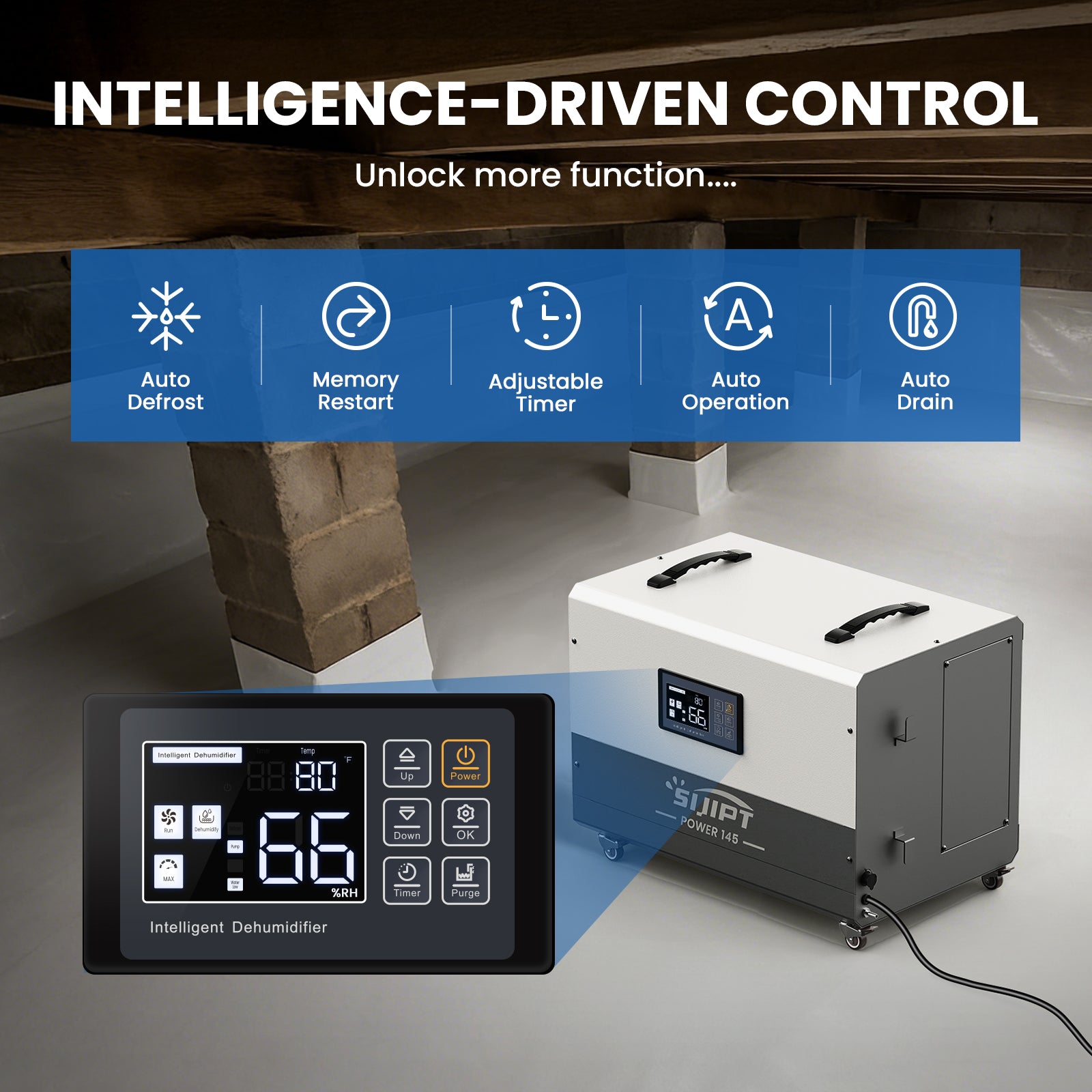 Sijipt 145-pint
commercial dehumidifier with pump and swivel caster front view
