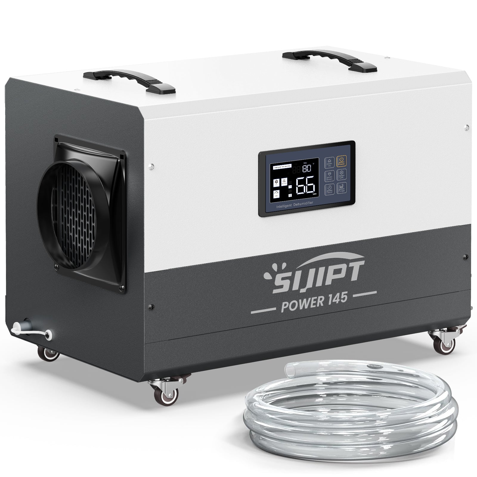 Sijipt 145-pint
commercial dehumidifier with pump and swivel caster front view